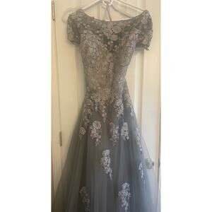 La Femme Silver/Grey Full Length cap sleeve full lace overlay evening gown, A29
